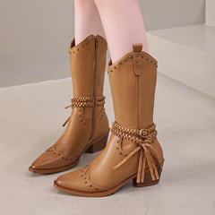 Cyflymder New Faux Leather Retro Western Boots Women Rivet Belt Buckle Mid Calf Boots Square High Heels Punk Cowboy Boots