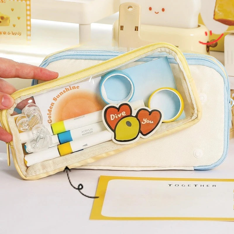 Cyflymder  Large Capacity Pencil Case for Kids Boy Girl Cute Simplicity Transparen Windows Badge Displaying Pen Bag Stationery Organizer
