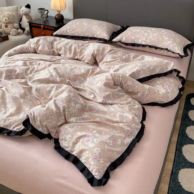 Cyflymder  INS French Style Floral Simple Black Lace Double Layer Gauze Bedding Set Washed Cotton Bed Sheet Fitted Sheet Fresh Quilt Cover