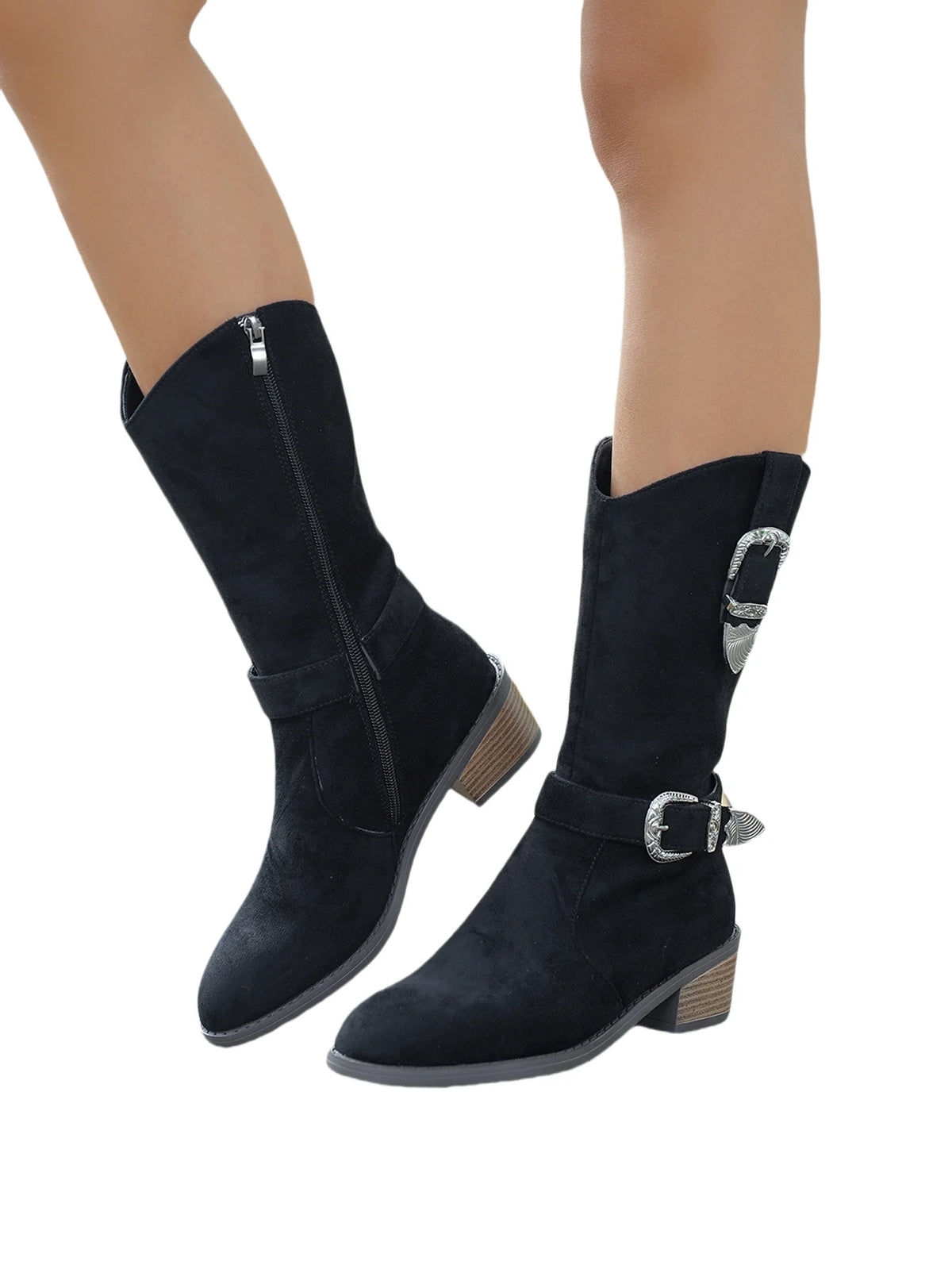 Cyflymder  Sharp pointed frosted cloth mid length boots, bimetallic buckle decorative side zipper knee length boots, plus size women's shoe