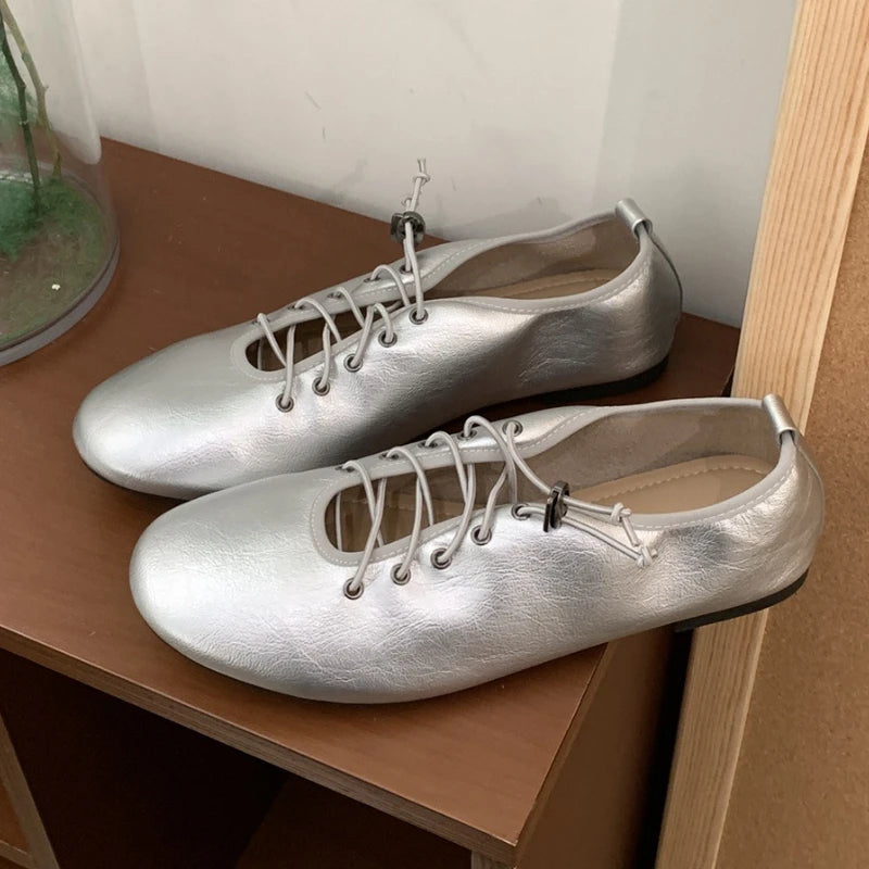 Cyflymder  Retro Lace Soft Leather Women Flats Cozy Round Toe Ballet Style Outdoor Walking Casual Shoes Ladies Fashion Brand Designer Pumps