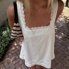Cyflymder  Women Lace Trim Mini Cami Dress Spaghetti Strap Square Neck Short Dress Boho Loose Flowy Backless Babydoll Dresses