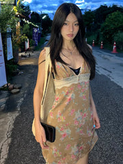 Cyflymder   Hottie Beach Dress Women Patchwork Lace Floral Print v-Neck Sleeveless Backless Sweet Style Streetwear Skinny Bodycon