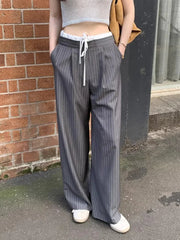 Cyflymder  Korean chic spring retro niche splicing high waist lace up versatile slim striped casual pants wide leg pants long 2025 New