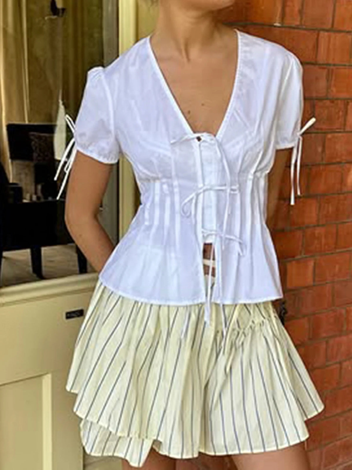 Cyflymder  Elegant Fashion Solid Split Blouse Slim Bandage V-Neck Puff Sleeve Shirts Women 2025 Summer Fashion Streetwear Ladies