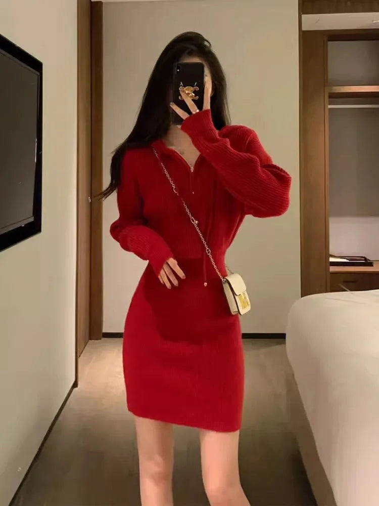 Cyflymder  Red Chinese New Year Knitted Hoodie Dress Women Slim Bodycon Short Mini Dress