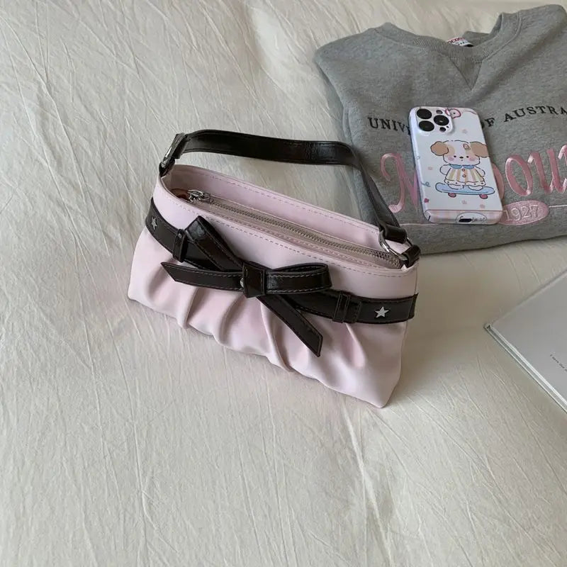 Cyflymder  Korean Hot Girl Bow Studded Handbag Women Simple Design Sweet Shoulder Bag Ladies Elegant Fashion Underarm Purse Y2k Aesthetic