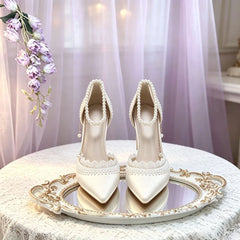 Cyflymder  sling shoes bridal wedding shoes pearl lace elegant ladies shoes kawaii high heels stilettos heels Lolita y2k heels bow