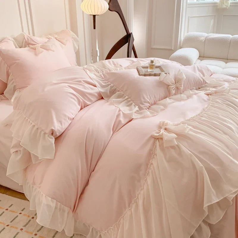 Cyflymder Chiffon Lace Bedding Set Pink France Romantic Princess Wedding Ruffles Bow Soft Duvet Cover Bed Sheet Pillowcases Home Textile