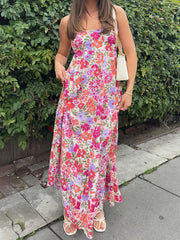Cyflymder  Elegant Off-Shoulder Maxi Dress with Boho Floral Print and Lace-Up Back Detail for Summer Wedding Party or Vacation Beachwear