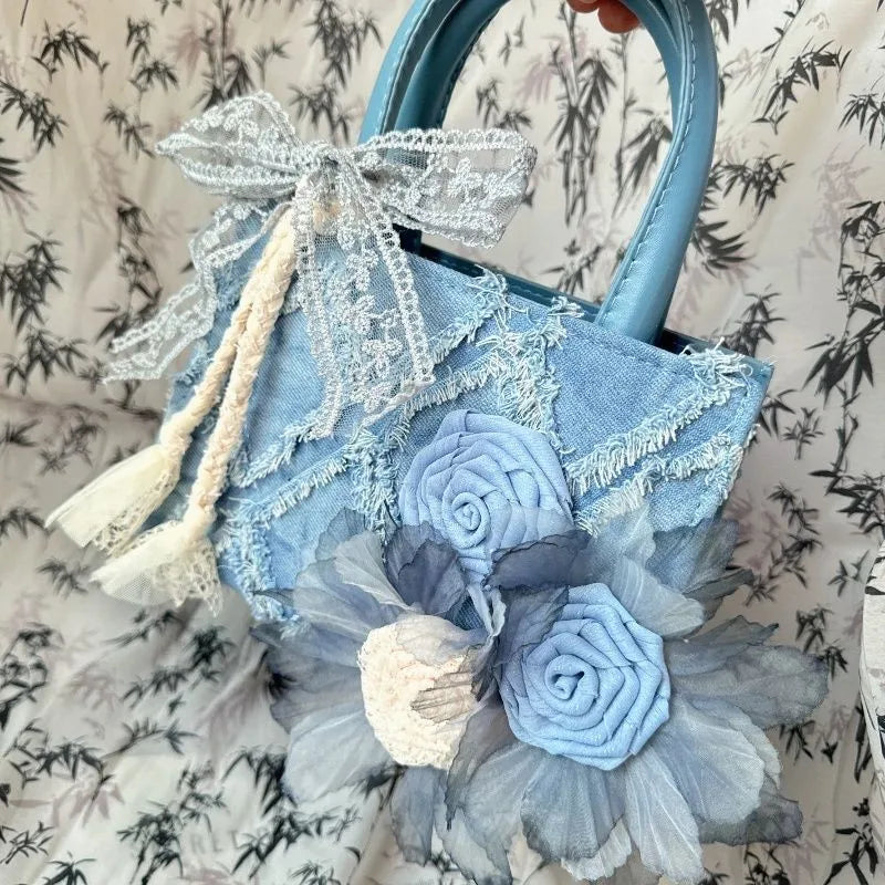 Cyflymder  Fairycore Blue Denim Tote Bag Women Chinese Style Lace Chic Y2k Hand Bag Female Harajuku Wallet Crossbody Bags Aesthetic