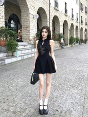 Cyflymder  Chinese Style Printed Dress for Women's Summer Slim Fit Sleeveless Lace A-line Short Dress Fashion Female Clothes