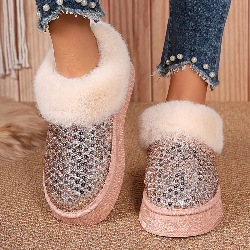 Cyflymder Silver Sequins Padded Thickened Platform Ankle Boots Women's Half Slippers Warm Snow Boots Winter Hot Thick Bottom Fluffy Boots