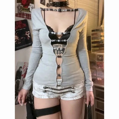 Cyflymder  Reversible Long Sleeve T Shirt Women Beaded Cut Out Backless Top Y2k Autumn Clothing Sexy Hollow Out Aesthetic Streetwear Female