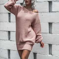 Cyflymder  Slouchy Knitted Dress Spring Autumn Slant One Shoulder Long Sleeve Sweater Dress Women Pullover Solid Oversize Casual Dress