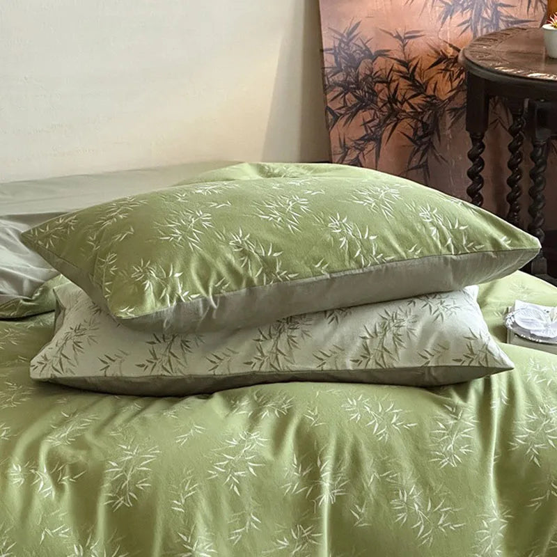 Cyflymder  Green 100% Cotton Bamboo Leaf Jacquard Bedding Sets New Soft and Comfortable Quilt Set for Home Adult Kids Fitted Sheet Kit