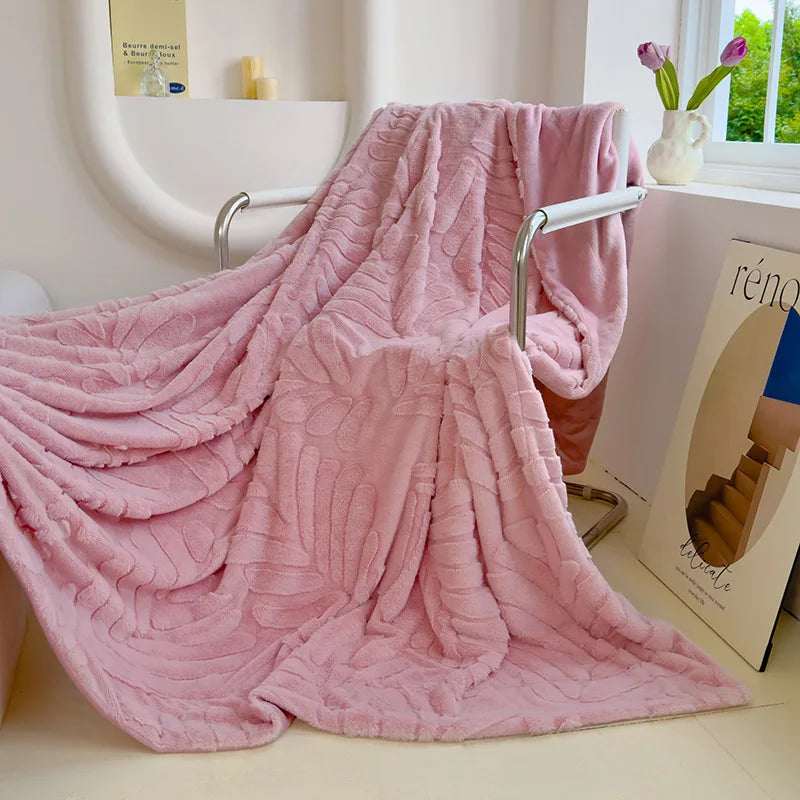 Cyflymder  Solid Banana Leaf Jacquard plush blankets Double Layered Thick Faux Rabbit Fur Bedspread Multi-Functional Office Nap Blanket