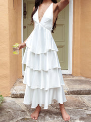 Cyflymder  Elegant Lace Sleeveless V-neck Backless Maxi Dress with Ruffled Hemline for Wedding Guest or Formal Event