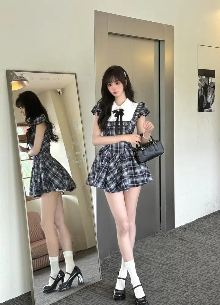 Cyflymder  Sweet Hot Girl College Style Slim Fit Fluffy Dress for Women Summer Retro Plaid Fake Two-piece Dress Fashion Female Clothes