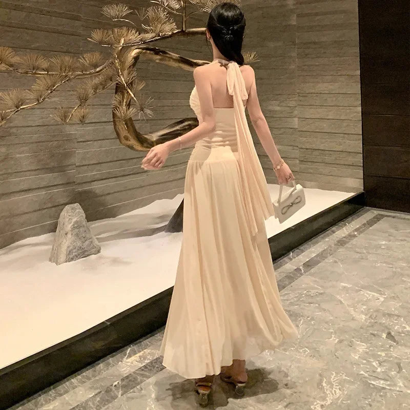 Cyflymder  French Style V-Neck Hanging Neck Slimming Long Dress Sexy Pure Desire Beach Vacation Dress Elegant Waist-Cut Gown