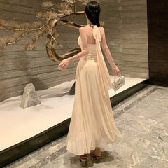 Cyflymder  French Style V-Neck Hanging Neck Slimming Long Dress Sexy Pure Desire Beach Vacation Dress Elegant Waist-Cut Gown