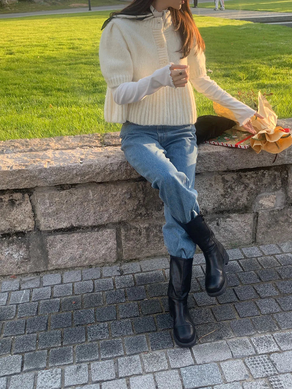 Cyflymder  Chic Autumn New Sle Retro Splicing Lace Trim Soft Bubble Sve Knitted Sweater Women's Faionable Commute Loose Fit