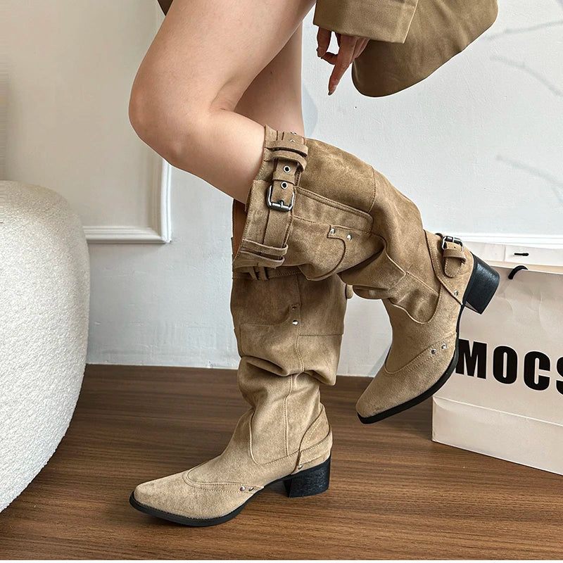 Cyflymder  Autumn Winter Pleated Women Western Cowboy Boots Vintage Square Low Heels Shoes Female Belt Buckle Long Booties