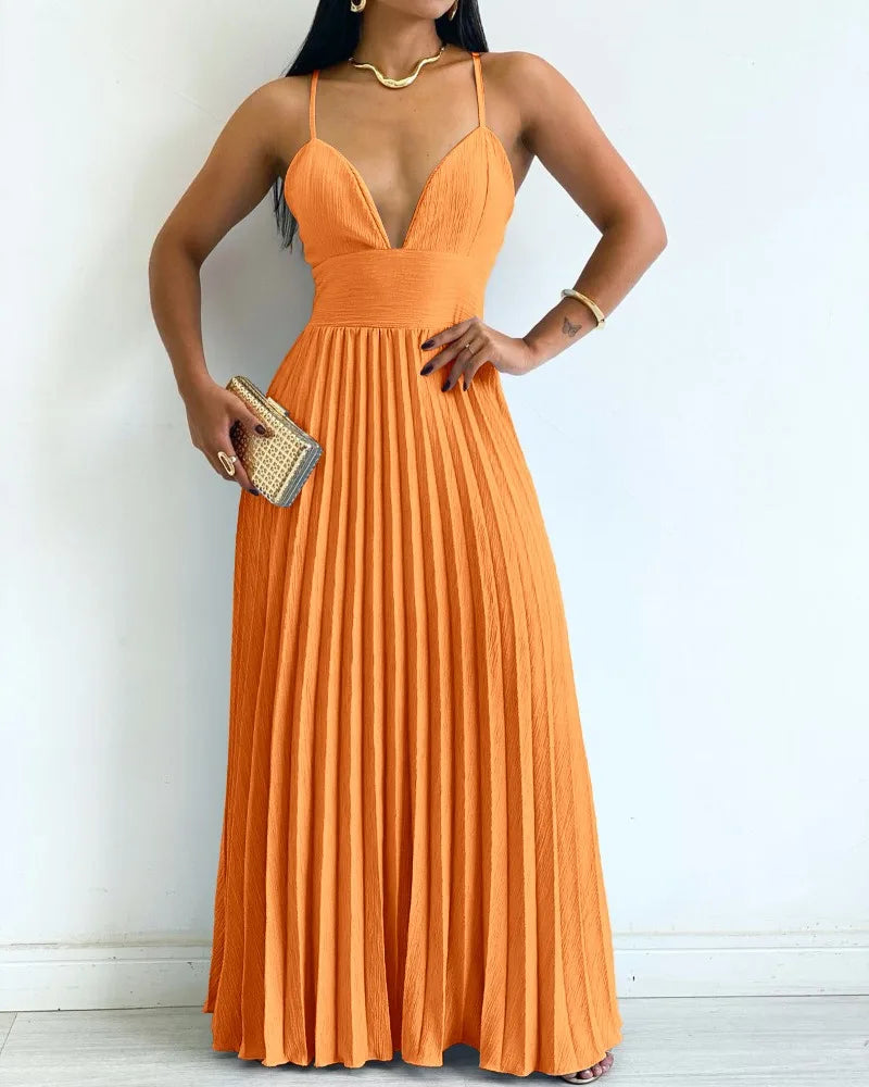 Cyflymder  Elegant A-line Evening Dress Women Sexy V-Neck Sleeveless Pleated Dress Causal Flowy A Line Maxi Dress