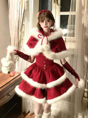 Cyflymder  Christmas Red suit Velvet Cake Puff Women's Dress Set Winter French Lady Princess Two Piece Outfit coat