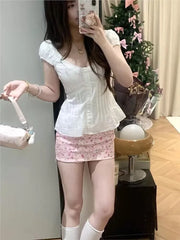Cyflymder  Floral Ruffles Slim T-shirt Blouse Women Summer V-neck Single Breasted Elastic Band Puff Sleeve Shirts Sweet Cute Crop Tops New