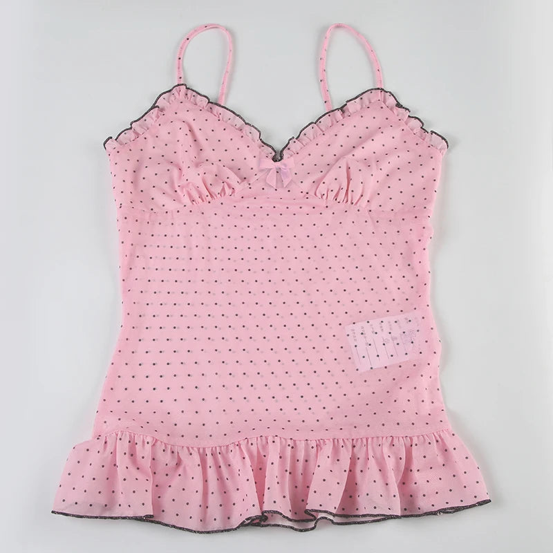 Cyflymder  Holiday Sweet Dot Printed Camis Top See Through Slim V-Neck Sleeveless Tank Tops Women 2025 Summer Fashion Streetwear
