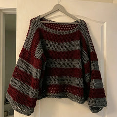 Cyflymder  Women Y2K Striped Crochet Knit Top Boat Neck Long‑Sleeve Loose Hollow‑Out Cropped Sweater Burgundy Gray Casual Blouse