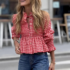 Cyflymder  Women Fashion Plaid Print Commuting Shirt Elegant Stand Collar Puffed Sleeve Autumn Blouse Lady Casual Single breasted Slim Tops