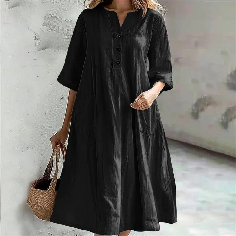 Cyflymder  New Solid Color Cotton Linen Comfortable Casual Dresses Women Half Sleeve Loose Dress Gown Female Double Pocket Patchwork Frock