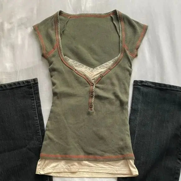 Cyflymder  Y2k Clothes Short T Shirt For Women Fake 2 Pieces Spring Summer Vintage Sexy Ropa De Mujer Grunge Fashion Tees