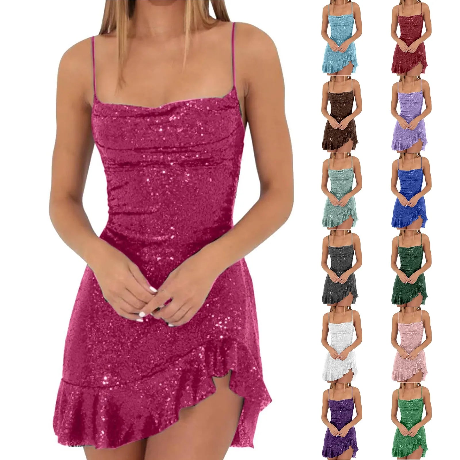 Cyflymder  Sexy Slim Fitting Fashion Solid Color Sequin Back Cross Tie Ruffle Edge Sleeveless Suspender Irregular Hem Pleated Party Dress