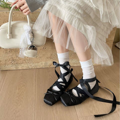 Cyflymder   Women Satin Ballet Flats Sweet Bow Lace‑Up Mary Jane Shoes Square Toe Soft Ballerina Pumps Daily Party Dating Ladies Casual