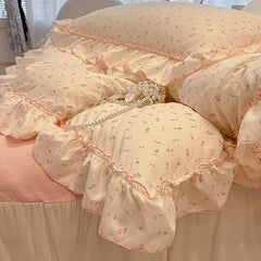 Cyflymder  Sweet Flower Printed Bed Skirt Bedding Set Skin Friendly Cotton Nude Sleeping Comforter Set Class-A Twin Single Home Textile