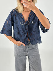 Cyflymder  Women s Short Sleeve V-Neck Hollow Out Casual Blouse Tie Front Solid Color Loose Fit Summer Top Streetwear Fashion