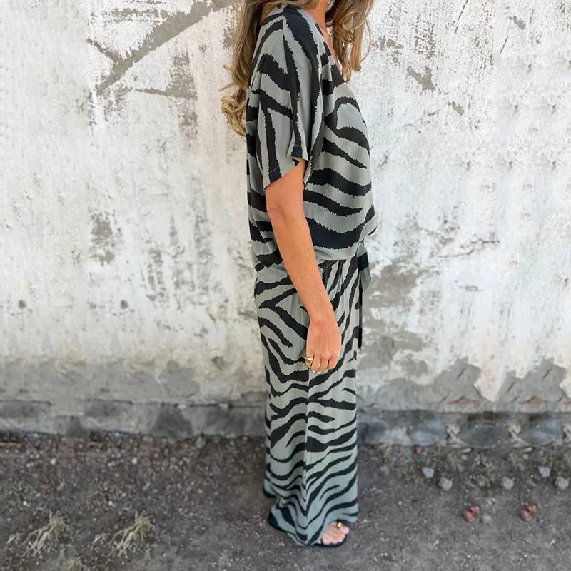 Cyflymder  Fashion Zebra Print 2 Piece Sets Women Summer Holiday Beachwear Short Sleeve V-Neck Top with Pockets Wide Leg Pants