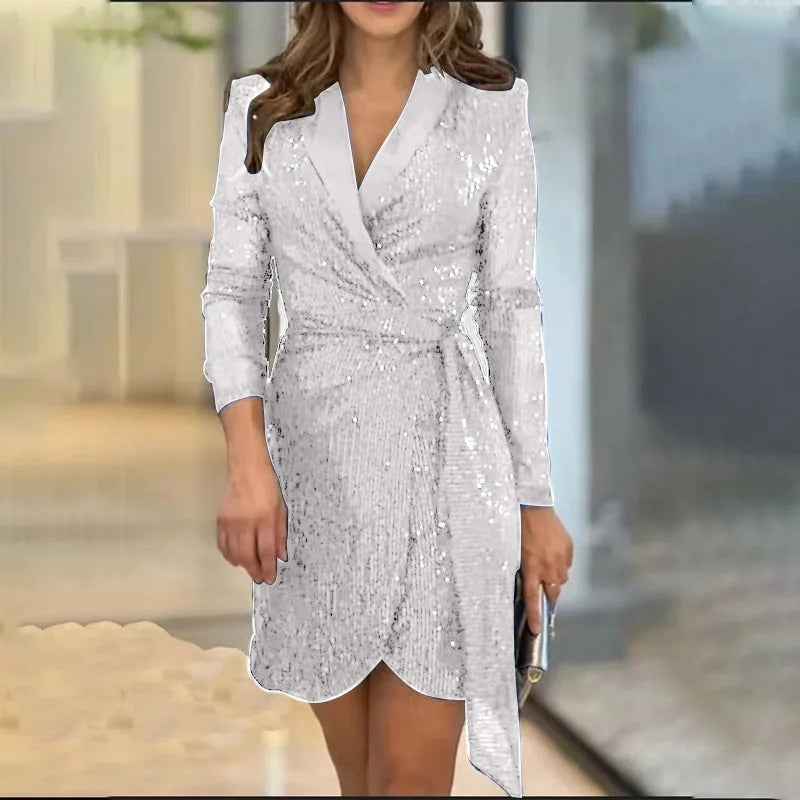 Cyflymder DRESS TO IMPRESS Women's Spring Summer New Collection Solid Color Fashionable Sexy Waist Series Sequined Suit Collar Long Sleeved Lace Up Dress