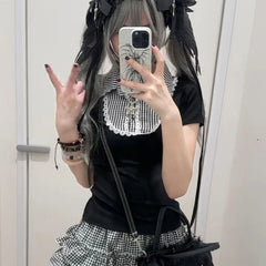 Cyflymder  Gothic Y2k Lolita Style T-Shirts Women Japanese Vintage Lace Black White Plaid Patchwork Tees Summer Sweet Cute Short Sleeve Top