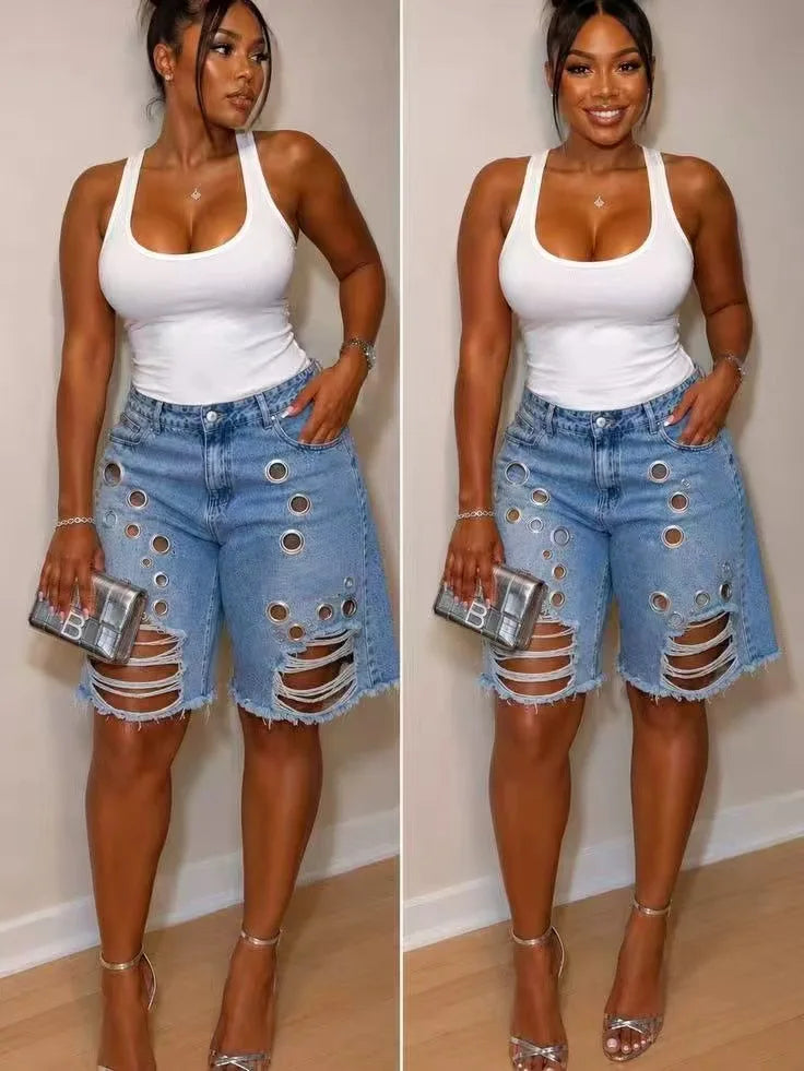 Cyflymder   Summer New Fashion Women's Hole Washing Water Corns Loose Denim Shorts High Waisted Ripped 5-point Jeans