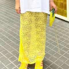 Cyflymder  Women's Summer Lace Long Skirts Elegant Low Waist Solid Color See-Through Midi Skirts Slim Fit Skirts