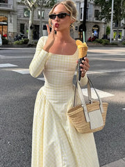 Cyflymder  Plaid Long Sleeve Pleated Maxi Dress For Women Autumn Fashion Square Collar High Waist A-line Club Party Long Dress New