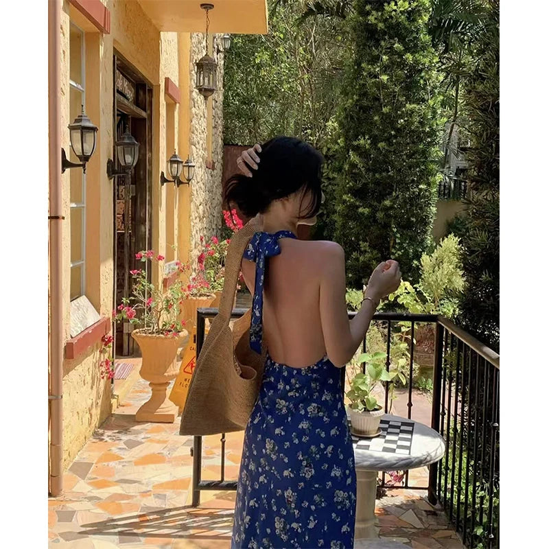 Cyflymder  Vintage Floral Midi Dress Women Boho Vacation Beach Sexy Backless Bandage Dresses Summer Elegant Korean V Neck Bodycon Vestidos