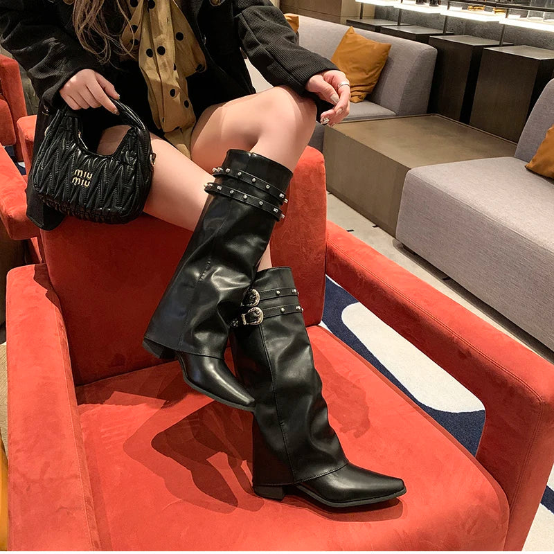 Cyflymder  Designer Rivet Woman Knight Boots Shoes Ladies Elegant Thick Heel Trouser Legs Long Botas Autumn Winter Women's Booties