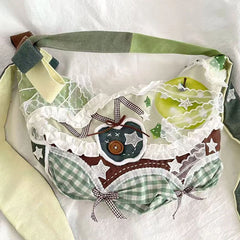 Cyflymder  Harajuku Y2k Aesthetic Ins Underarm Bag Women Contrast Color Plaid Rabbit Ear Canvas Bag Grunge Patchwork Lace Shoulder Handbags