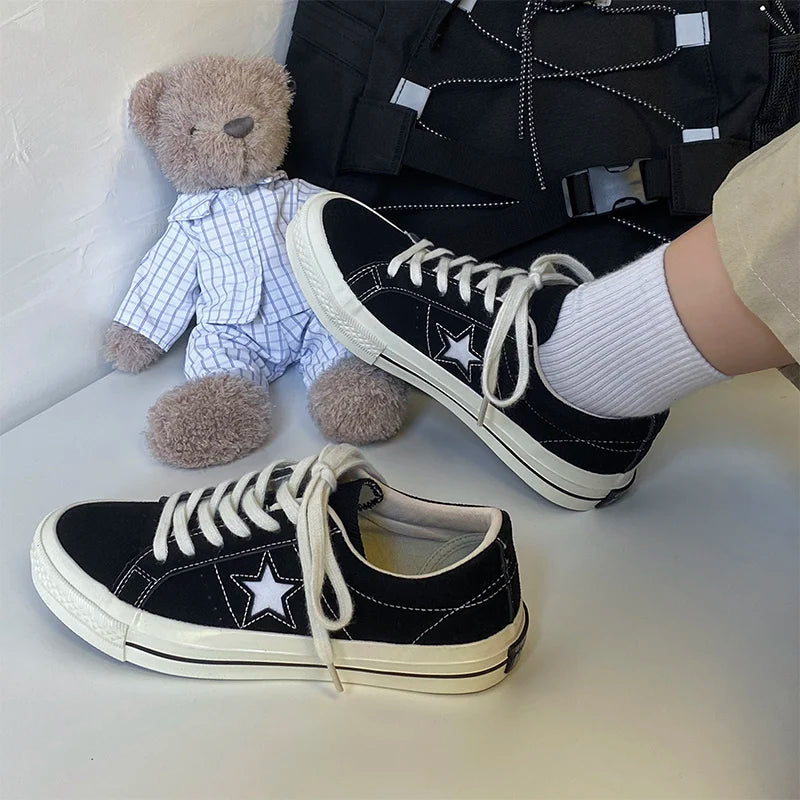 Cyflymder  Retro Star Canvas oes Women's Versatile Little Dir oes INS Skateboard oes Hong Kong Sle Ulzzang Trendy Student Whit...