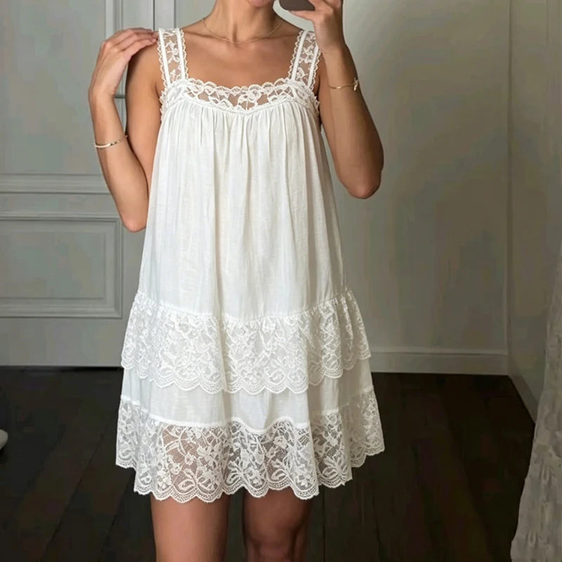 Cyflymder  Women Fairy Lace Mini Dress Y2k Floral Lace Trim Ruffle Short Dress Vintage Coquette Backless Mesh Babydoll Dresses